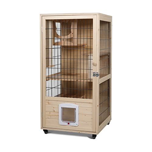 Pantazo Wooden Cat House Large Space Cat Cage With Scratching Post And Lockable Wheels Double Layer Cat House With Escape Door Outdoor/Indoor (Medium) #TOP3
