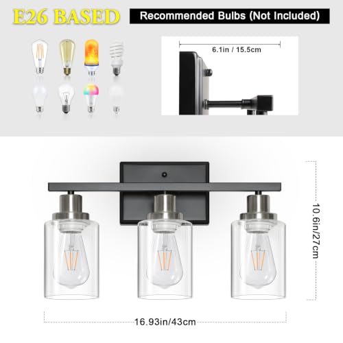 Image of Ascher Bathroom Vanity Light Fixtures, 3 Light Wall Sconces Lighting with Clear Glass Shade, Black and Brushed Nickel Wall Lights for Mirror, Kitchen, Living Room, E26 Base (Bulbs Not Included)