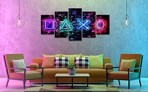Colorful Neon Gaming Wall Décor 3D Cool Game Symbol Canvas Wall Art Prints For Game Room Playroom 5 Pieces Funny Video Game Painting Pictures Artwork 40"W X 20"H #TOP3