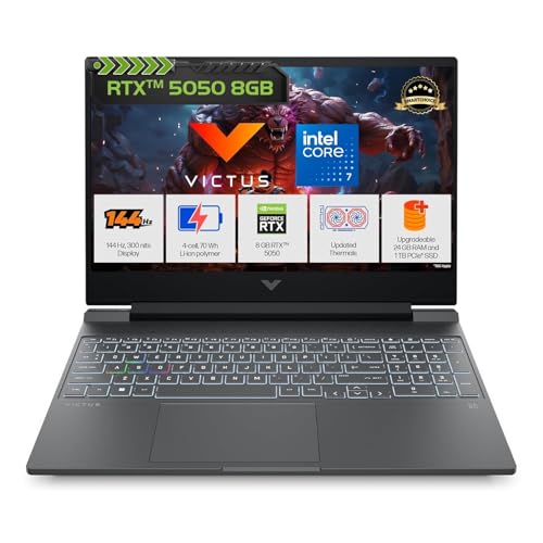 Image of HP Victus, Intel Core 7 240H, 8GB RTX 5050, 24GB DDR5(Upgradeable) 1TB SSD, FHD, 144Hz, 300 nits, IPS, 15.6'' /39.6cm, Win11, M365* Office24, Mica Silver, 2.29kg, fa2409TX, RGB Backlit, Gaming Laptop