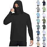Mens Sun Shirts Uv Protection Long Sleeve, Fishing Shirts for Men, Mens Hooded Sun Shirt with Mask Long Sleeve UPF 50 Rash Guards Cooling Lightweight Hoodies Sales Today Clearance Black