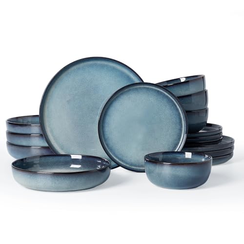 Image of Famiware Milkyway Stoneware Dinnerware Set, 16-Piece, Including Pasta Bowl, Double Reactive Glaze, Plates and Bowls, Service for 4, Microwave and Dishwasher Safe, Scratch-Resistant, Dusty Blue
