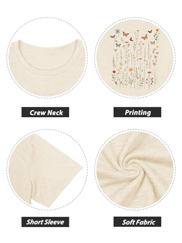 GEMLON Womens Graphic Tops Wild Flower Short Sleeve T Shirts Summer Graphic Floral Tees Shirts for Teen Girls Beige Small