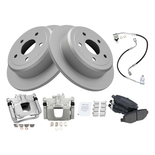 Image of TRQ Rear Brake Pad and Rotor Set Semi Metallic Coated Rotors Calipers Compatible with 2008-2012 Jeep Wrangler
