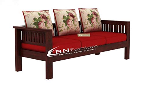 Image of BN Furniture Solid Sheesham Wood Sofa Set 6,5,3&2 Seater Cushioned Back for Living Room Stylish, Durable & Comfortable for Home, Office, Hall, Guest Room (red Cushioned Sofa 3 Seater, 3 Seater)