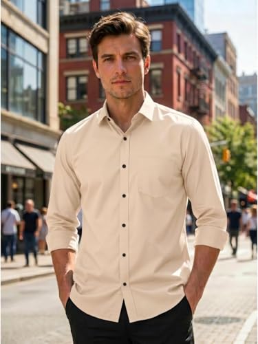Image of Men's Regular Fit Solid Pattern Cotton Shirt with Spread Collared Long Sleeve Standard Length and Button Down Closure Type | Shirts | Stylish Shirts for Men