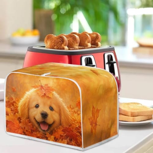 Image of Talayituse Cute Dog Maple Leaf Print 4 Slice Toaster Dust Covers Kitchen Small Appliance Cover, Stain Resistant Dust Protection Bread Machine Cover with Top Handle Autumn Decor, L