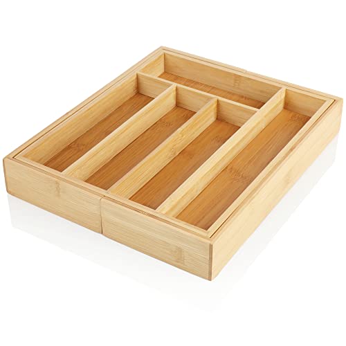 com-four® Bandeja para cubiertos de bambú - Cubertero extraíble para el cajón - Caja de almacenamiento para la cocina (01 pieza - marrón - extensible)