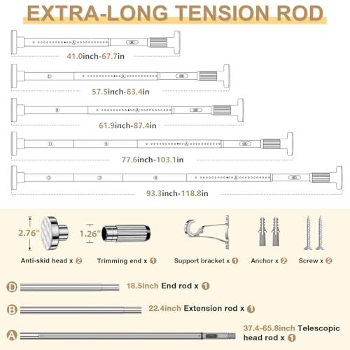 Image of Silver Tension Curtain Rod 41-118In(4-9Ft), Outdoor Curtain Rod No Drilling for Window or Patio,Heavy Duty Shower Rod for Bathroom,Rod Diameter 1.26In-One-bond stretching