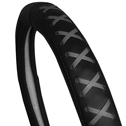 Image of FH Group Universal Fit 15 Inch Genuine Leather with Lace-Up Detailing Steering Wheel Cover fits Most Cars, SUVs Gray