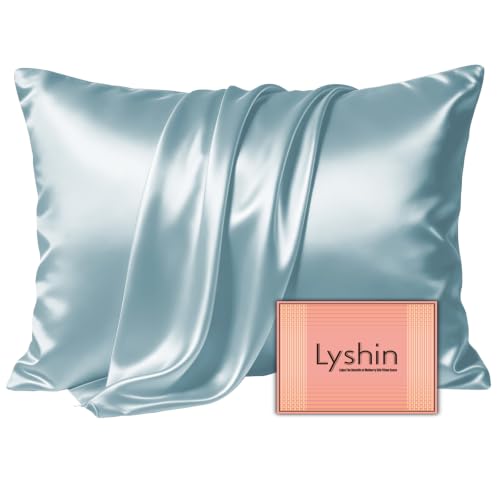 Image of LYSHIN Silk Pillow Cases Standard Size with Hidden Zipper, Haze Blue | 19 Momme Mulberry Silk Pillowcase for Skin and Hair, Anti-Acne, Hypoallergenic, Cooling, Beauty Sleep, Gifts for Women