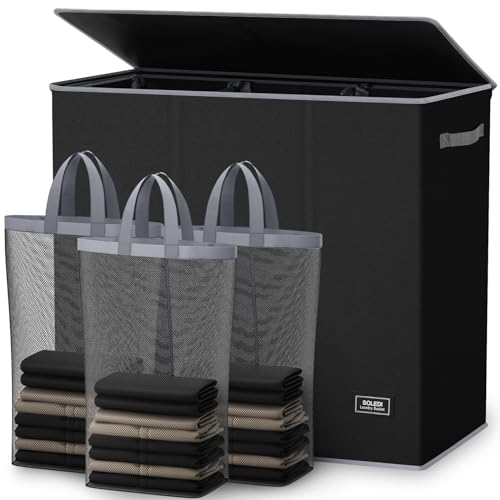 SOLEDI 180L Laundry Hamper 3 Section, Extra Large Laundry Hamper with Lid, Dirty Clothes Hamper with...