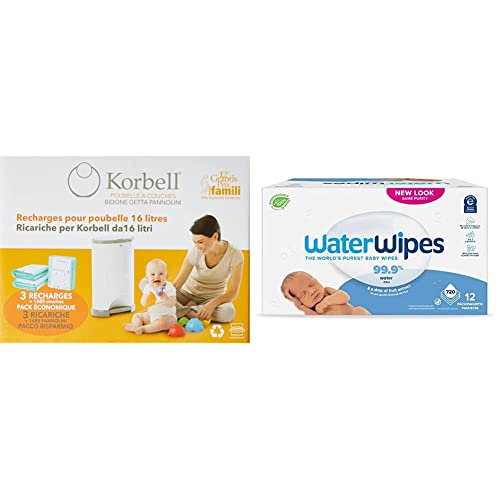 KORBELL - Recarga de pañales - STANDARD - 16 L - X3, Capacidad de 240 capas por recambio & WaterWipes - Toallitas Originales biodegradables para bebés recién nacidos 720 unidades (12 paquetes)