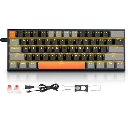 TERPORT Z11 Teclado Mecánico 61 Teclas de Red Switch Hot-Swappable, 60% Teclado Gaming Pequeño Compacto, Retroiluminación de Amarillo, Keyboards...