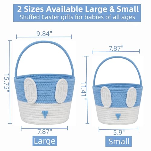 Image of CubesLand Empty Easter Basket for Kids Babies Boys and Girls, Cute Easter Treasure Hunt Bunny Basket, Sturdy Cotton Rope Gift Basket, Egg Hunts, Festive Decor & Gift Ideas - Blue, Large