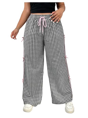 Verdusa Women's Plus Size Gingham Plaid Bow Pants Drawstring High Waisted Wide Leg Loose Trousers