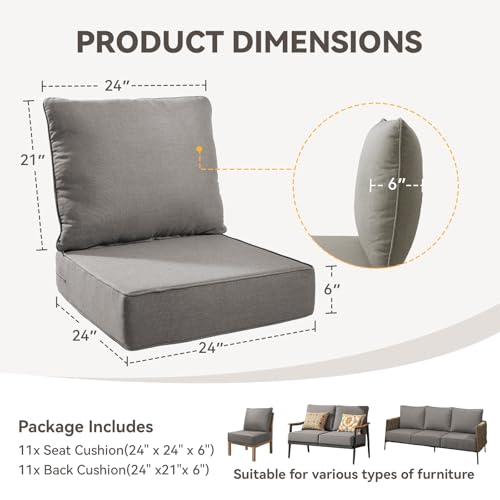 Image of Outdoor Cushion Set for Patio Furniture, UV Resistant, Water Resistant - 6 Inch Thick Foam Garden Cushions- 24x24 Inch Patio Seat Covers for Chair /Sofa /Couch | Grey | 11-Pack |