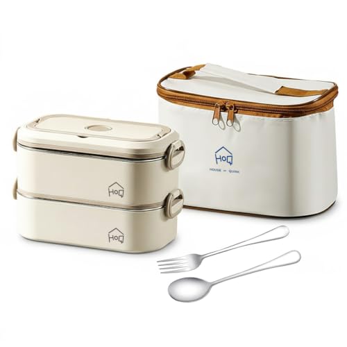 Image of House of Quirk 304 Stainless Steel Bento Lunch Box for Adults - 2 Stackable Leakproof Containers with Insulated Thermal Carry Case, Spoon & Fork Included, Microwave Safe Portable Tiffin Box (Beige)