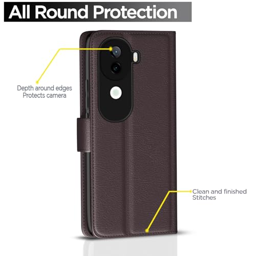 Image of Pikkme Flip Cover Leather Finish | Inside TPU with Card Pockets | Wallet Stand and Shock Proof | Complete Protection Button Flip Case for Vivo V40e 5G / iQOO Z9s 5G(Coffee)