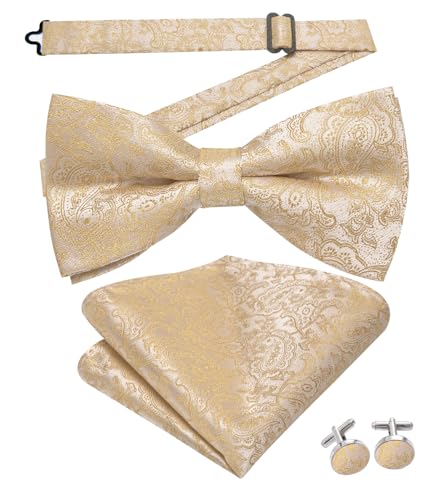 Image of Hi-Tie Men Champagne Paisley Pre-tied Bowties and Tie Set Necktie Bow Tie Pocket Square Cufflinks Lapel Pin 5Pcs Set Tuxedo Suit
