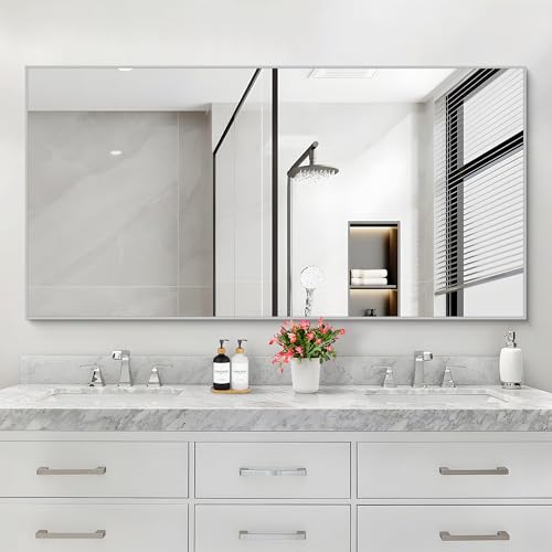 Image of COFENY 30x55In Silver Bathroom Mirror for Wall, Brushed Nickel Rectangle Mirrors with Metal Frame, Bathroom Rectangular Mirror Modern Wall Mirror for Bedroom Living Room, Hangs Horizontal or Vertical