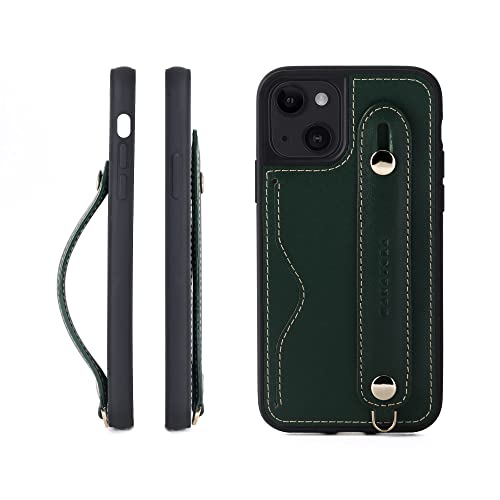 iPhone13 mini ケース 本革 グリップケース レザー ストラップ付属 イタリア製牛革 ヌメ革 片手操作 カード収納 スタンド機能 メンズ レディース グリーン CGH-13Mini-Green