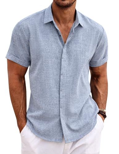 COOFANDY Chemise d'été Unie à Manches Courtes pour Homme, Chemise décontractée, sans Repassage, Chemise boutonnée en Lin, Jean Clair, Bleu L
