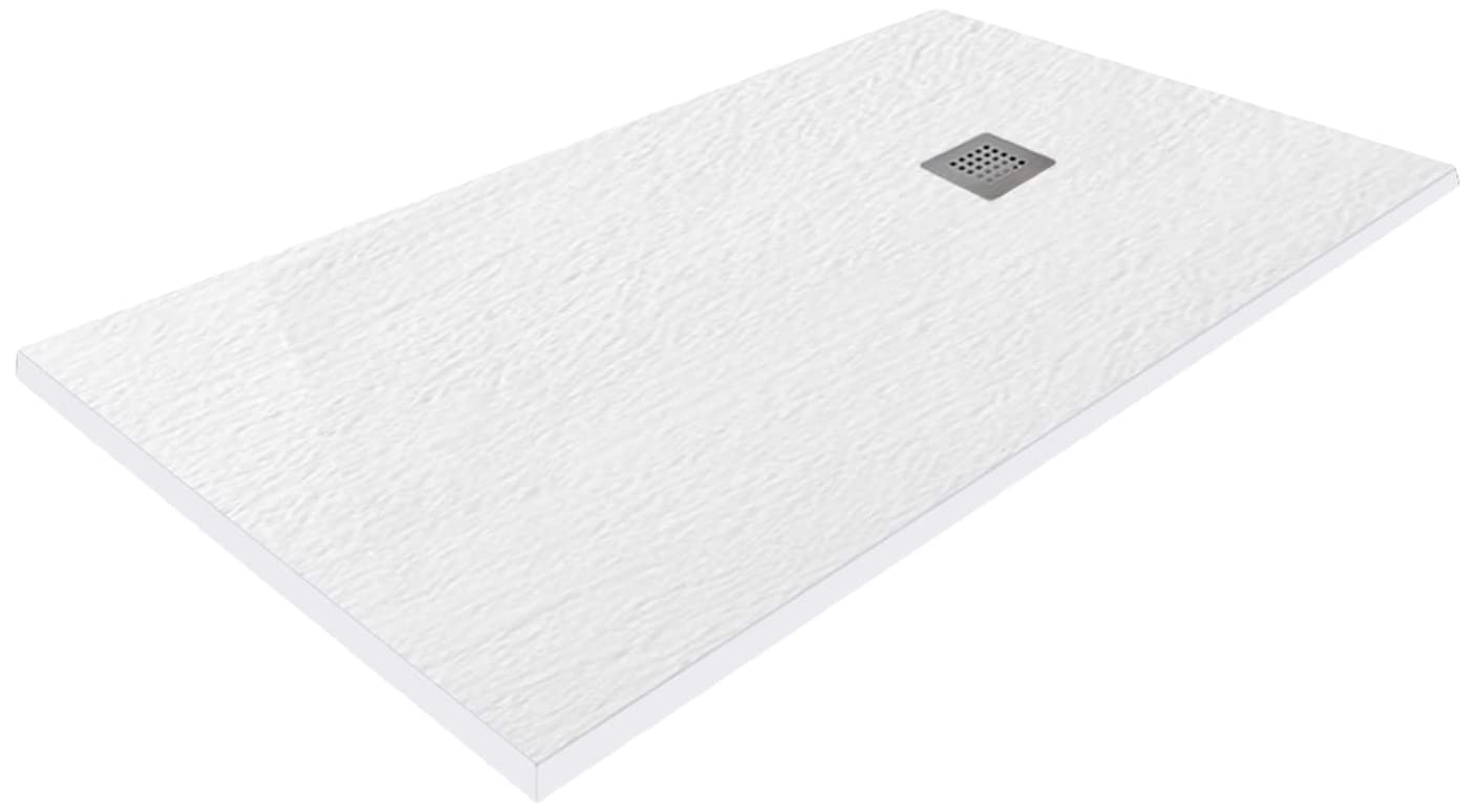 Plato de Ducha Resina Extraplano outletaseo – Todas las medidas disponibles - Antideslizante Textura Pizarra - Incluye Válvula desagüe+Rejilla (120x80, Blanco RAL 9003)