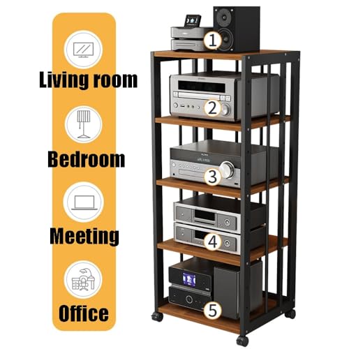Stojak Hifi szafki Hi-Fi, stojak audio Hifi 2 3 4 5-poziomowa szafka do przechowywania multimediów z kółkami hamulcowymi, ruchomy odtwarzacz płyt, półka na sprzęt do gier (biały + jasny orzech, 5