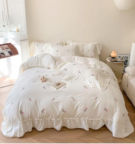 Housse de couette blanc volants chic et finitions brodées en microfibre premium - 3