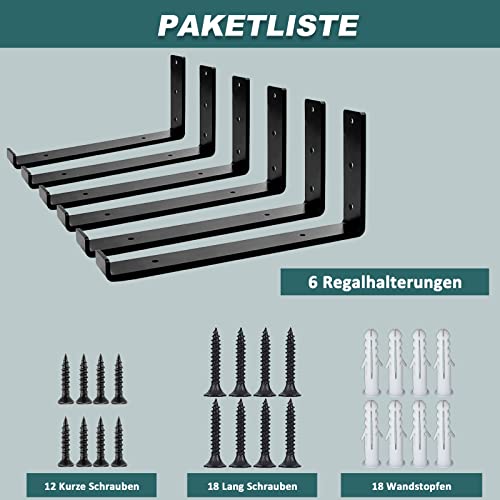 MLOQI Shelf Brackets 6 stück Regalhalterung Schwarz mit Lippen, Regalwinkel Schwerlast, Regalhalter Metall 0,5 cm Dick, Tragkraft 50 KG (Schwarz 25 x 15cm)