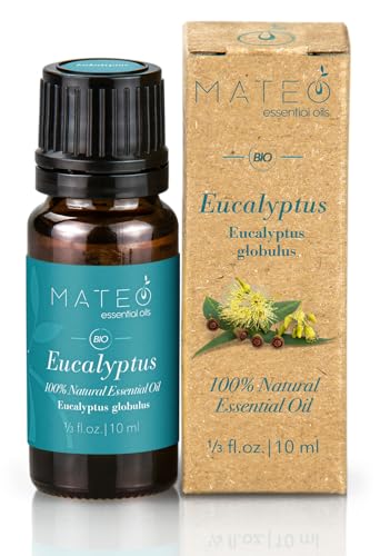 MateoEssentialOils - Olio Essenziale di Eucalipto 100% Puro e Naturale – Ideale per Aromaterapia, Massaggi, Diffusori, Bagno e Cura della Pelle – Azione Purificante e Rinfrescante – 10 ml.
