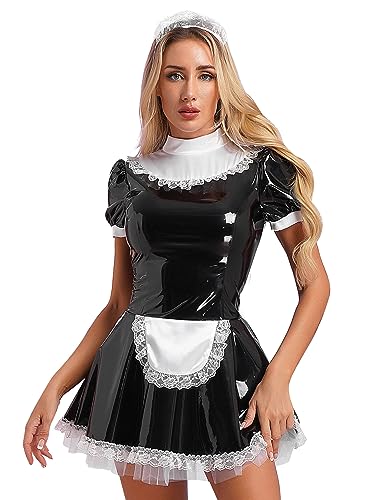 inhzoy - inhzoy Costume de soubrette pour femme - Robe vernie - Effet mouillé - Bandeau - Ensemble sexy de carnaval, boîte de nuit, cosplay - Noir - Taille XXL