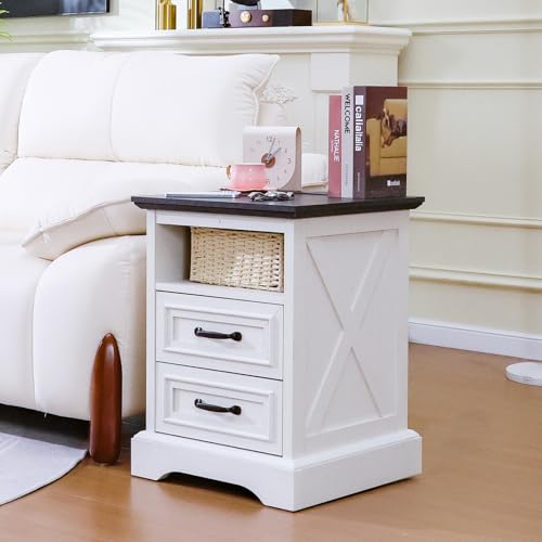 Image of Farmhouse Nightstands Set of 2 with Charging Station，White & Black Tabletop | End Tables with 2 Drawers, Cube Storage Organizer, USB Ports, Metal Handles, for Rustic Bedroom Bedside, Living Room, Dorm