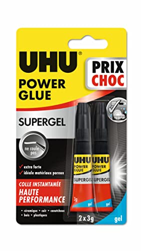 UHU Power Glue - Glue Extra-Forte Supergel - Multi-Supports : Plastique, Métal, Bois, Matériaux Non Poreux - Ne Coule Pas - Résistante à L'eau - Application Précise - Transparente - 2 Tubes de 3 g