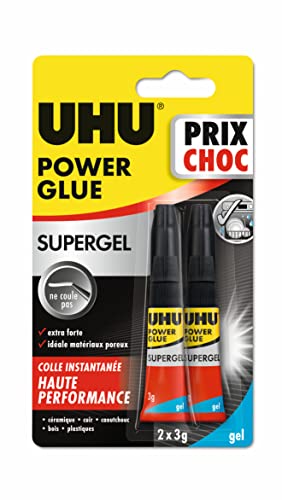 UHU Power glue gel - Colle instantanée ultra rapide et forte, ne coule pas, sans solvants, transparente, tubes 2x3g