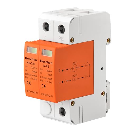 Heschen Surge Protective Device SPD, HS-C20, 275VAC 20KA, 1+N-PE, Fire-Proof, Low-Voltage Arrester, 35mm DIN Rail Mounting