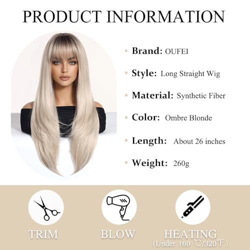 OUFEI Ombre Blonde Wigs with for Women Bangs Long Straight Layered Synthetic Hair Wigs with Dark Roots for Daily Party Use - Image 2