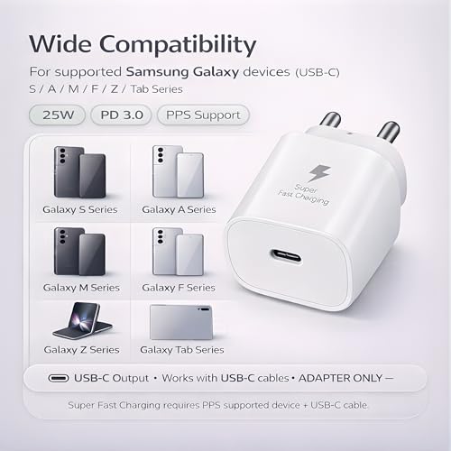 Image of Novobit 25W C-Type Super Fast Adapter Compatible with Samsung Galaxy S /A /M /F Series | Novobit Super Fast Charger Adapter for S23 /S22 /S21 /21 fe /S20 /M14 5G /M34 /M54 /M53 /M33 /M13 /A34