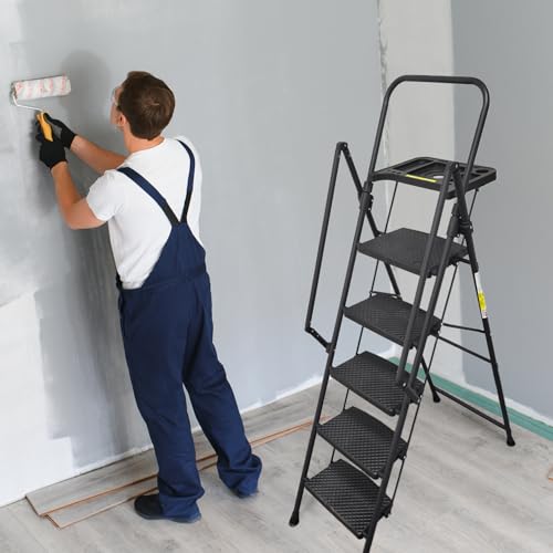 Escalera plegable de 5 escalones resistente de 174 cm negra para taller y hogar 4