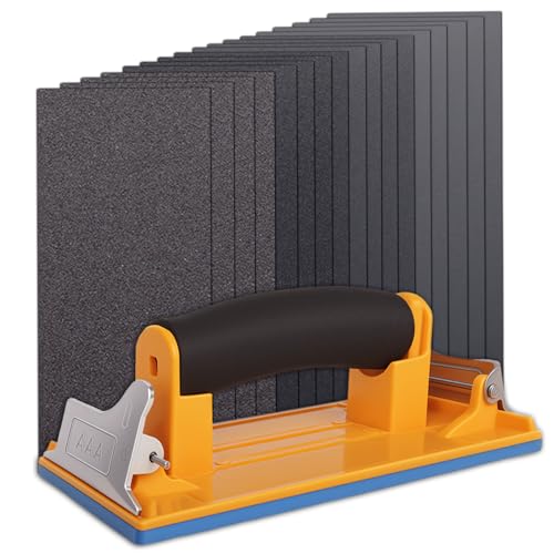 HWXINIE ハンドサンダー クリップ式 190mm×90mm ヤスリホルダー やすりホルダー,付属 紙やすり 耐水ペーパー セット(#80/#120/#240/#400/#600 5種類 各3枚入)230mm×93mm(本体+紙ヤスリ 15枚入)