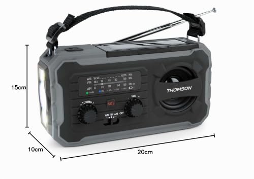 THOMSON Radio Solaire d’Urgence Portable, Survie Dynamo FM/AM, Lampe Torche LED, Alarme SOS, Batterie Rechargeable 4000mAh et Chargeur Smartphone USB-C, pour Camping, Dépannage – Gris - RT280G
