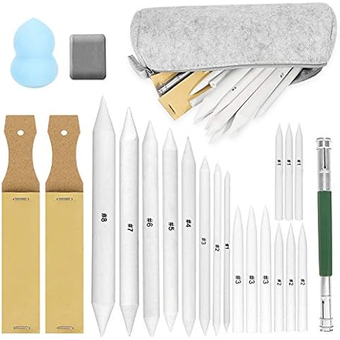 23Pack Art Blenders Set, Blending Stumps and Tortillions Set with Sandpaper Pencil Sharpeners, Kneaded Eraser, Pencil Extension Tool, Sponge, Package in Felt Bag for Student Artists Sketch Drawing Cover