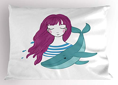Ambesonne Retro Pillow Sham, Illustration of a Teenage Girl with Closed Eyes and a Funny Whale, Decorative Standard Queen Size Printed Pillowcase, 30