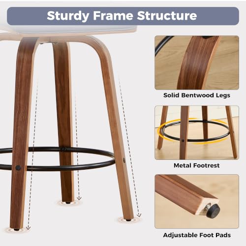 Image of Swivel Bar Stools Set of 6,26 inch Faux Leather Counter Height Barstools with Back,Mid Century Modern Upholstered Bar Chairs with Bentwood Legs Island Stools for Kitchen Counter Darkblue