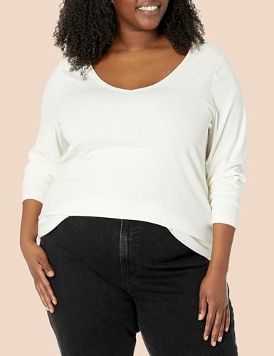 Image of Amazon Essentials Women's Slim-Fit Long Sleeve V-Neck Knit Rib Shirts, Pack of 2