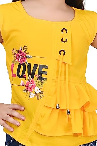 Image of Zenat Girls Polycotton Regular Fit Printed Round Neck Half Sleeve Casual Wear Top & Pant Set (Yellow 6-7 Years) SD20-Y-6 /7
