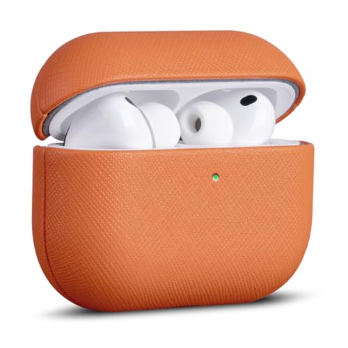 Image of Haobobro Handmade Case - for AirPods Pro 3 Case Cover - Premium Vegan Leather with Cross-Grain Texture, Wireless Charging Compatible, Drop Protective Hard Cover for AirPods Pro 3rd Generation - Orange