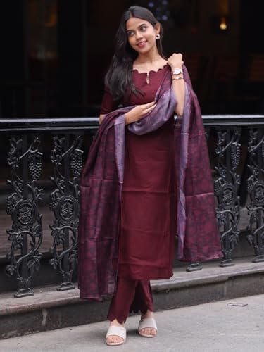 Image of 24 Carat Suit Women's Roman Silk Straight Cut Kurti Pant with 3 /4th Sleeves Round Neck Regular Fit calf Length and Dupatta Set