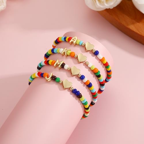 4PCS Initial Colorful Beaded Bracelets Initial Bracelets for Teen Girls Initial Colorful Beaded Bracelets Set Summer Boho Y2K Bohemian Stackable Letter A-Z Stretch Bracelets Birthday Jewelry Gifts4